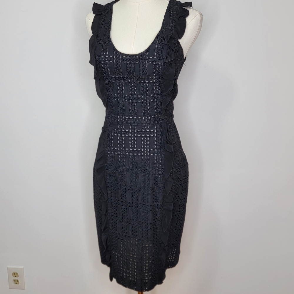 Vintage Moschino Y2K Aeffe Spa Sheer Eyelet Black Sleeveless Ruffle Dress